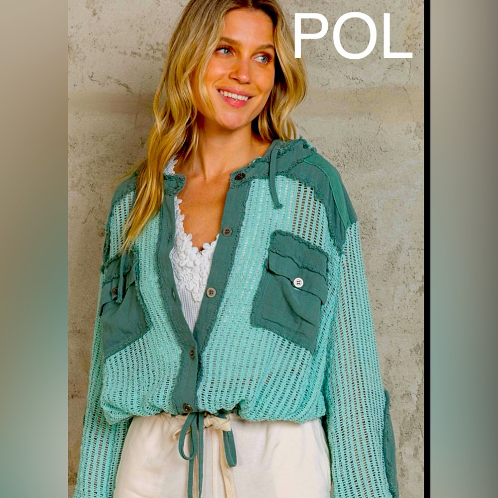 9. NWT POL Shades of Green Mesh Knit Button-Front Hooded Jacket